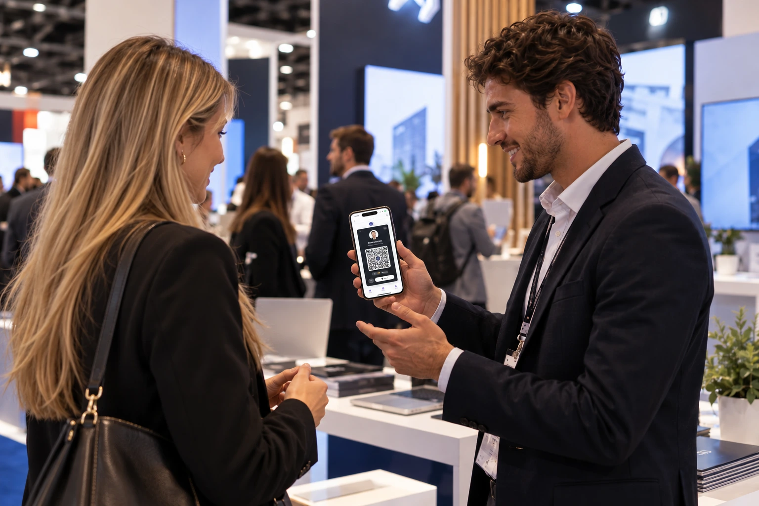 Ein Messestand, an dem Besucher Kontaktdaten teilen