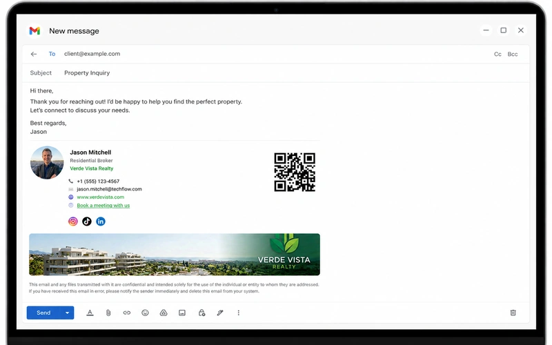 Email signature showing KADO digital business card with contact photo, name, title, and QR code in a professional layout