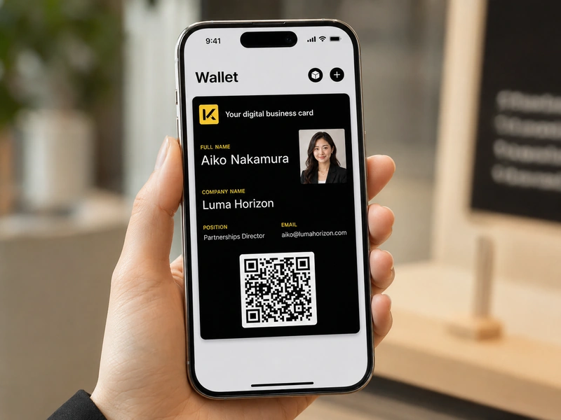 Apple Wallet screen showing a KADO digital business card saved alongside boarding passes and loyalty cards