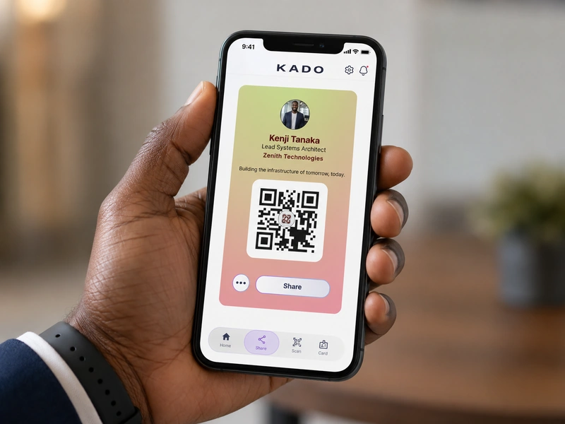 KADO mobile app screen showing digital business card with QR code ready to share at a networking event