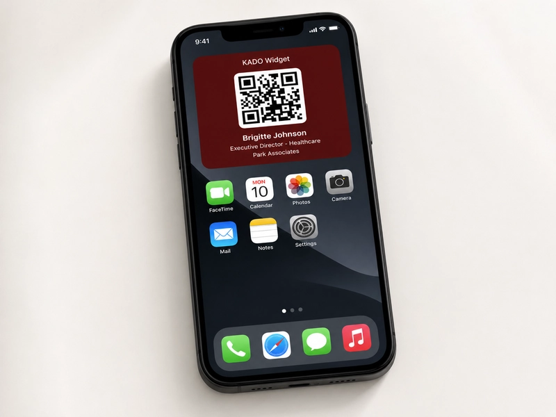 iPhone home screen showing KADO digital business card widget for one-tap sharing